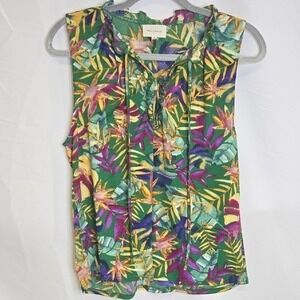 Melloday Sleeveless Floral Print Top, Ruffle and Tie Neckline, Size Small